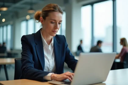 Femme professionnelle en blazer marine rédigeant un email sur son ordinateur portable dans un open space moderne, illustrant la gestion des destinataires Cc et Cci