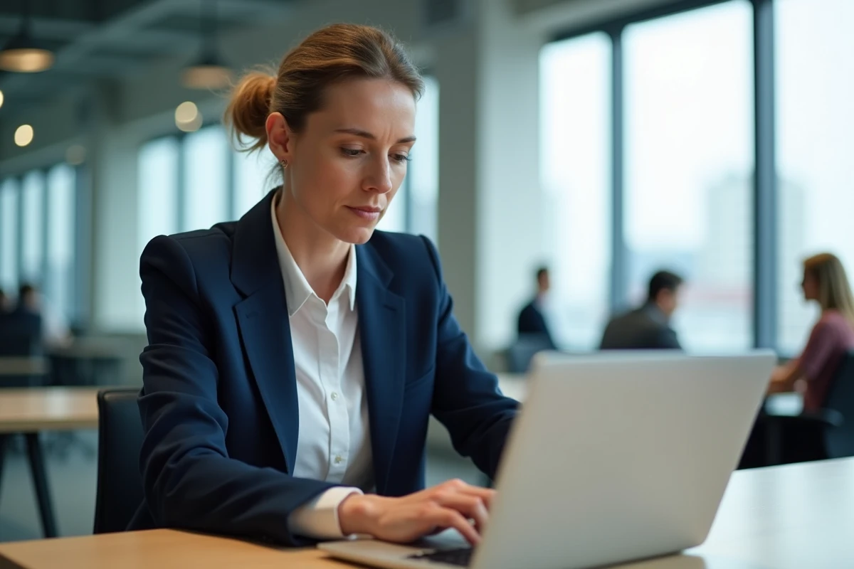 Femme professionnelle en blazer marine rédigeant un email sur son ordinateur portable dans un open space moderne, illustrant la gestion des destinataires Cc et Cci