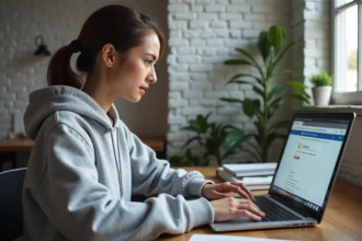 Jeune femme cherchant la nouvelle URL d'un site web sur son ordinateur portable dans un bureau à domicile