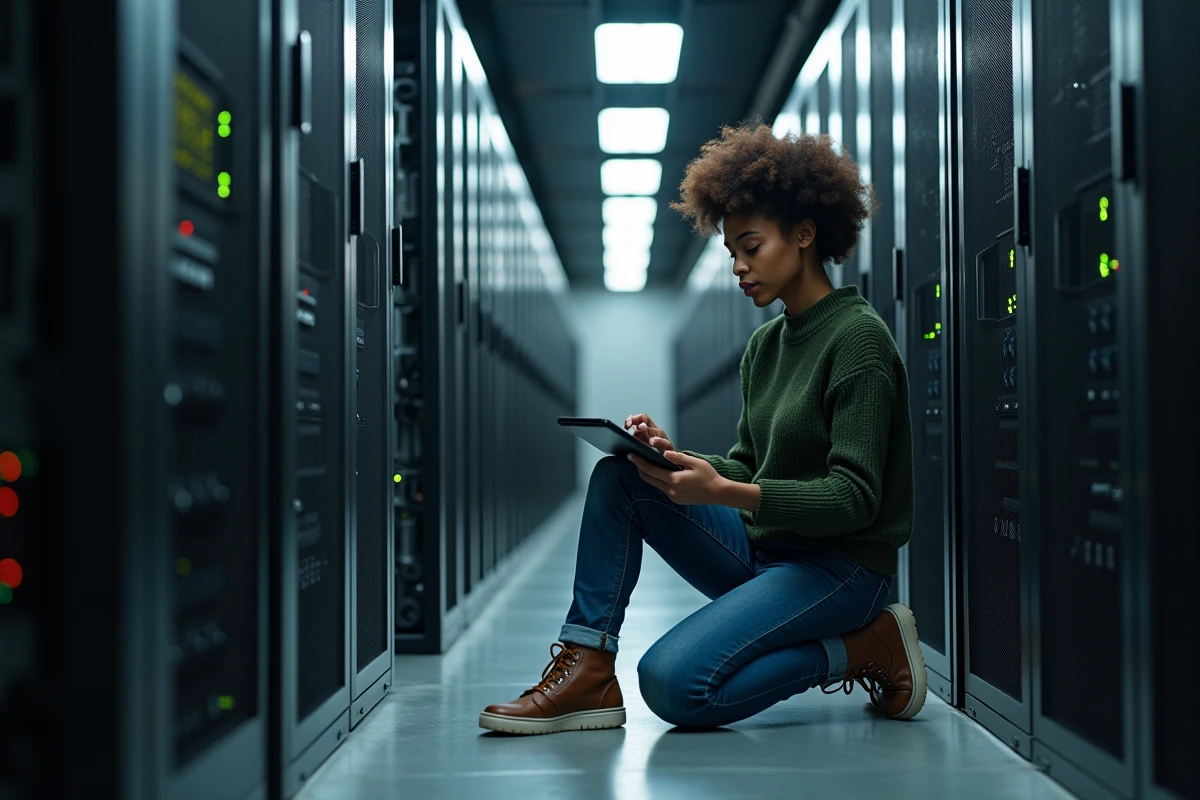Femme connectant des câbles réseau dans un centre de données moderne