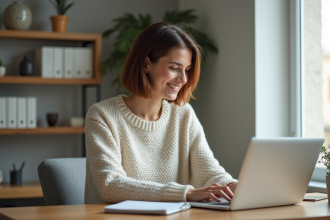 Femme en train de saisir un mot de passe sur son ordinateur dans un bureau moderne