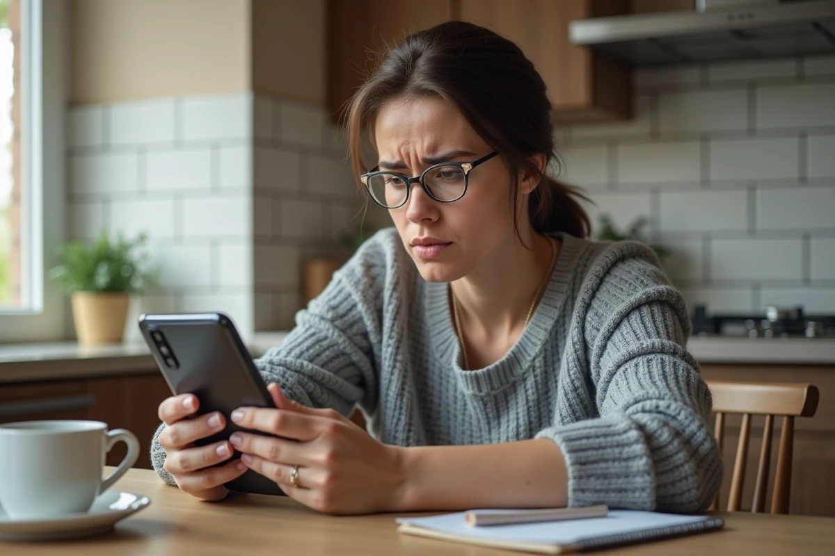 Femme tenant un Samsung A05s avec un écran figé, illustrant les problèmes fréquents du smartphone