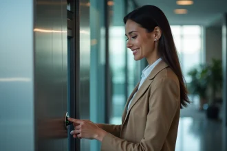 Femme utilisant un scanner biométrique dans un bureau moderne