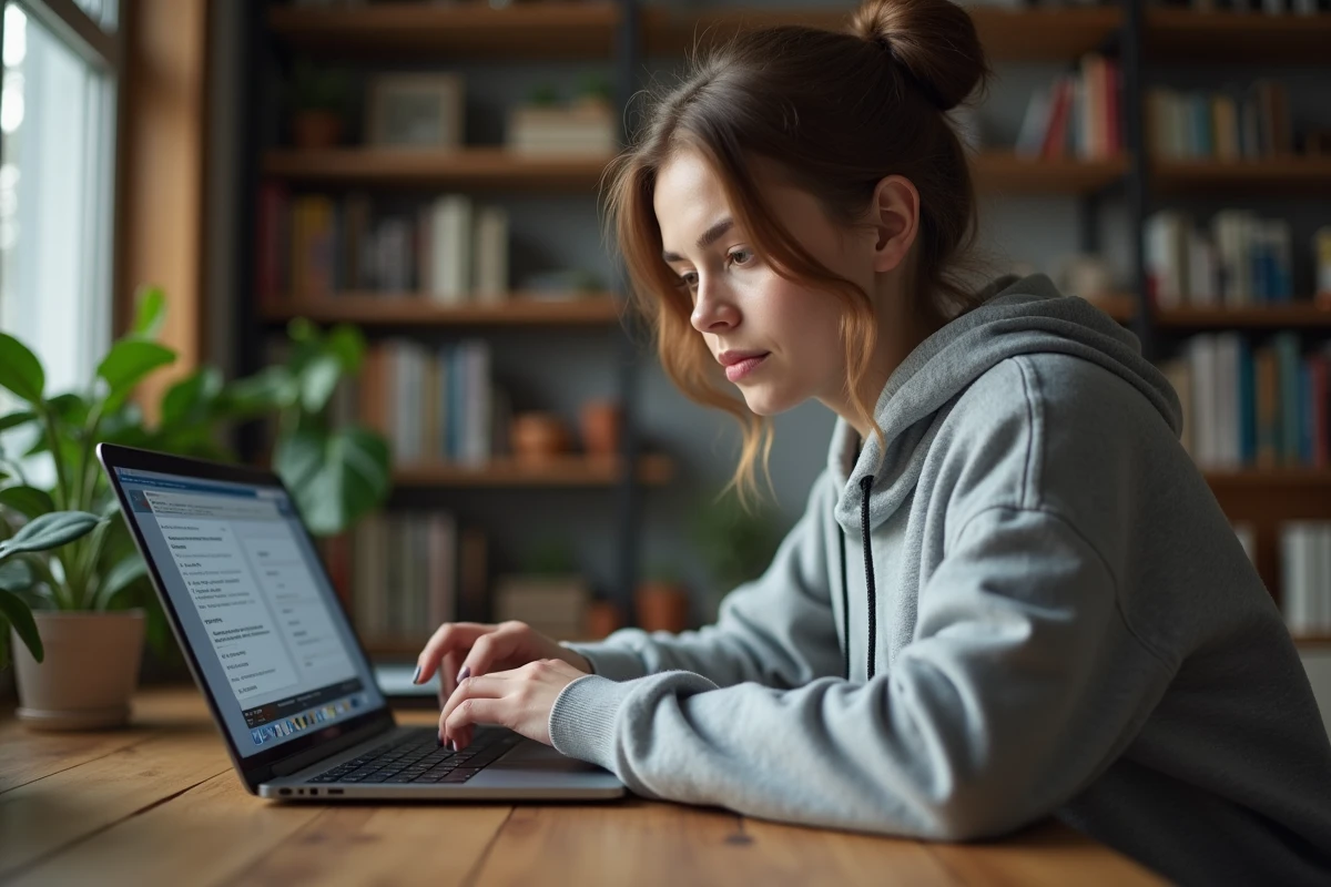 Jeune femme vérifiant la sécurité d'un convertisseur YouTube MP3 sur son ordinateur portable