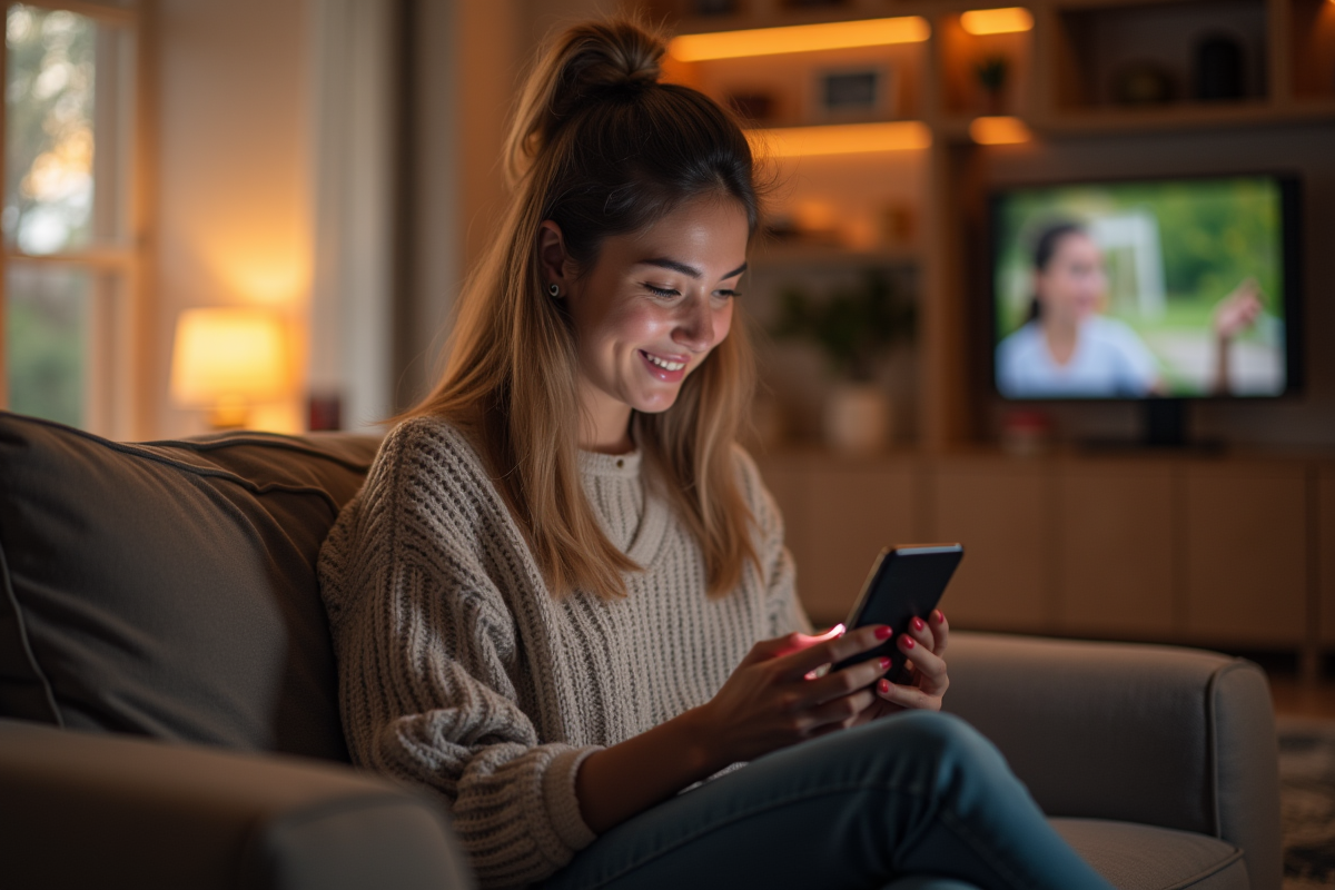 Jeune femme dans un salon cosy naviguant sur son smartphone