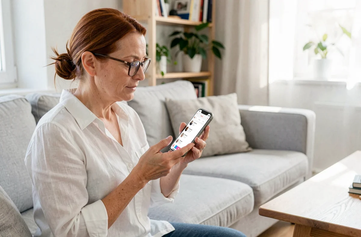 Femme en train de sélectionner une sonnerie musicale pour un contact précis sur son iPhone dans son salon