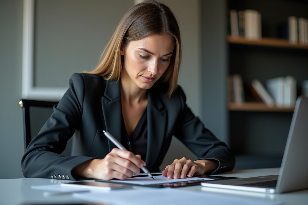 Femme d'affaires signant un document numérique sur une tablette