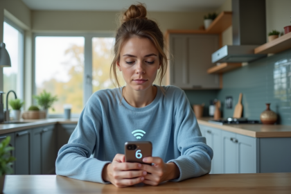 Femme en sweater bleu utilisant son smartphone dans une cuisine moderne