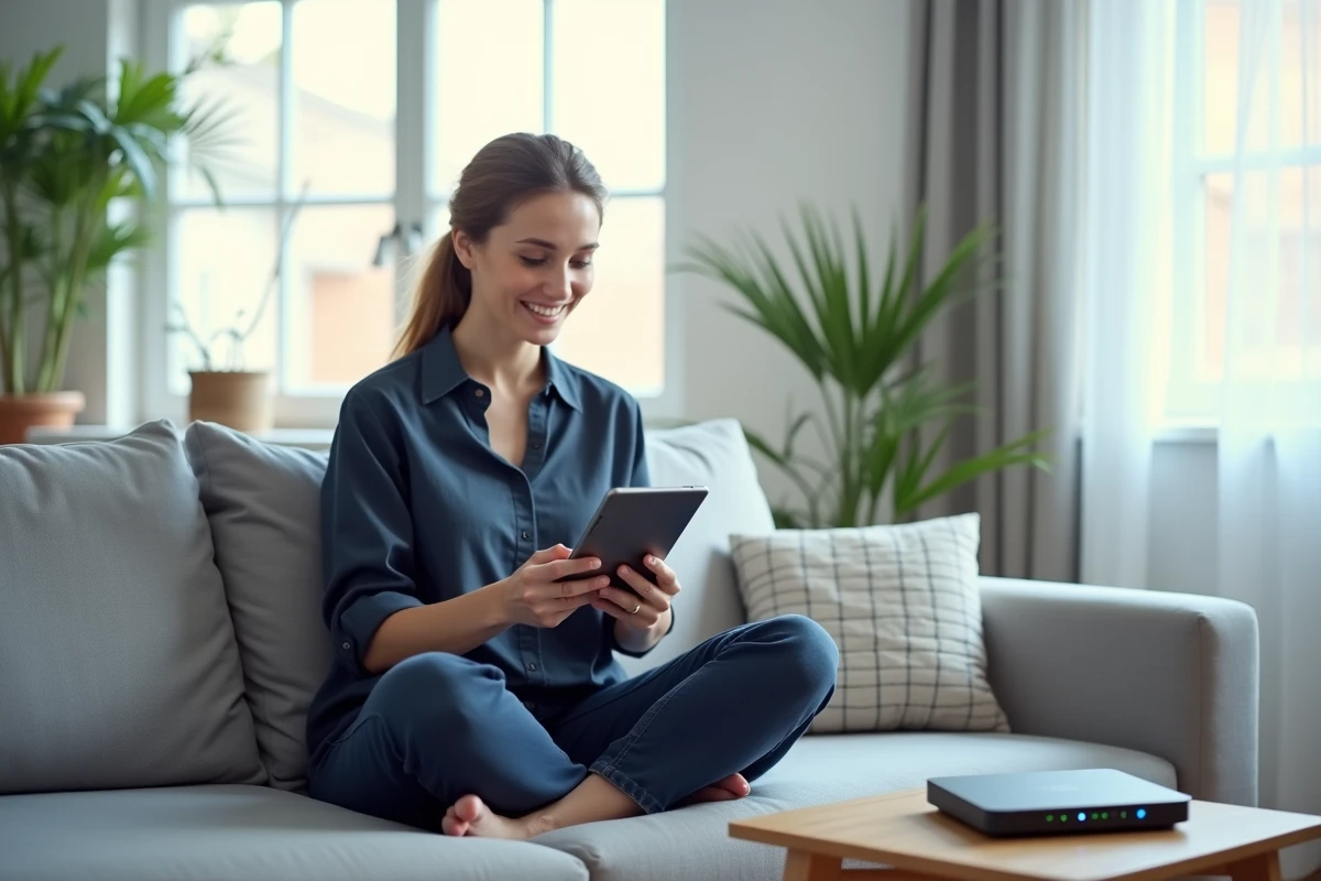 Femme utilisant une tablette connectée via la box SFR fibre dans un salon scandinave