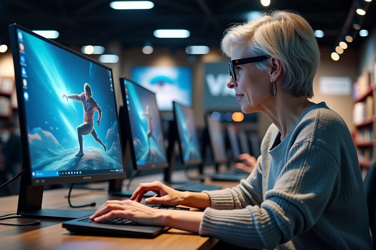 Femme testant un ordinateur portable dans un magasin high-tech