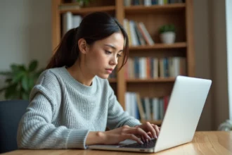 Jeune femme concentrée tapant rapidement sur un clavier mécanique pour améliorer sa vitesse de frappe