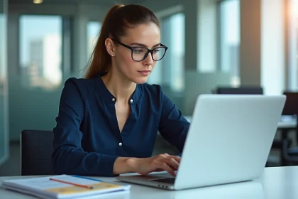 Jeune femme au bureau configure un email