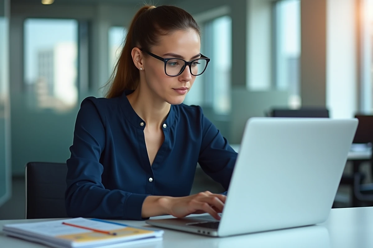 Jeune femme au bureau configure un email