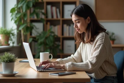 Jeune femme travaillant sur un ordinateur portable dans un bureau cosy