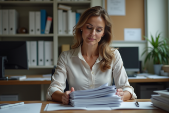 Femme d'âge moyen triant des dossiers dans un bureau