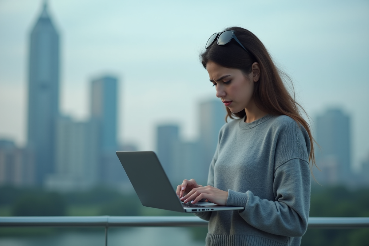 Jeune femme urbaine frustrée regardant son ordinateur portable