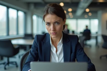 Femme inquiète regardant une URL masquée sur son ordinateur portable au bureau
