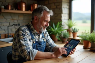 Fermeur en denim avec tablette dans cuisine moderne