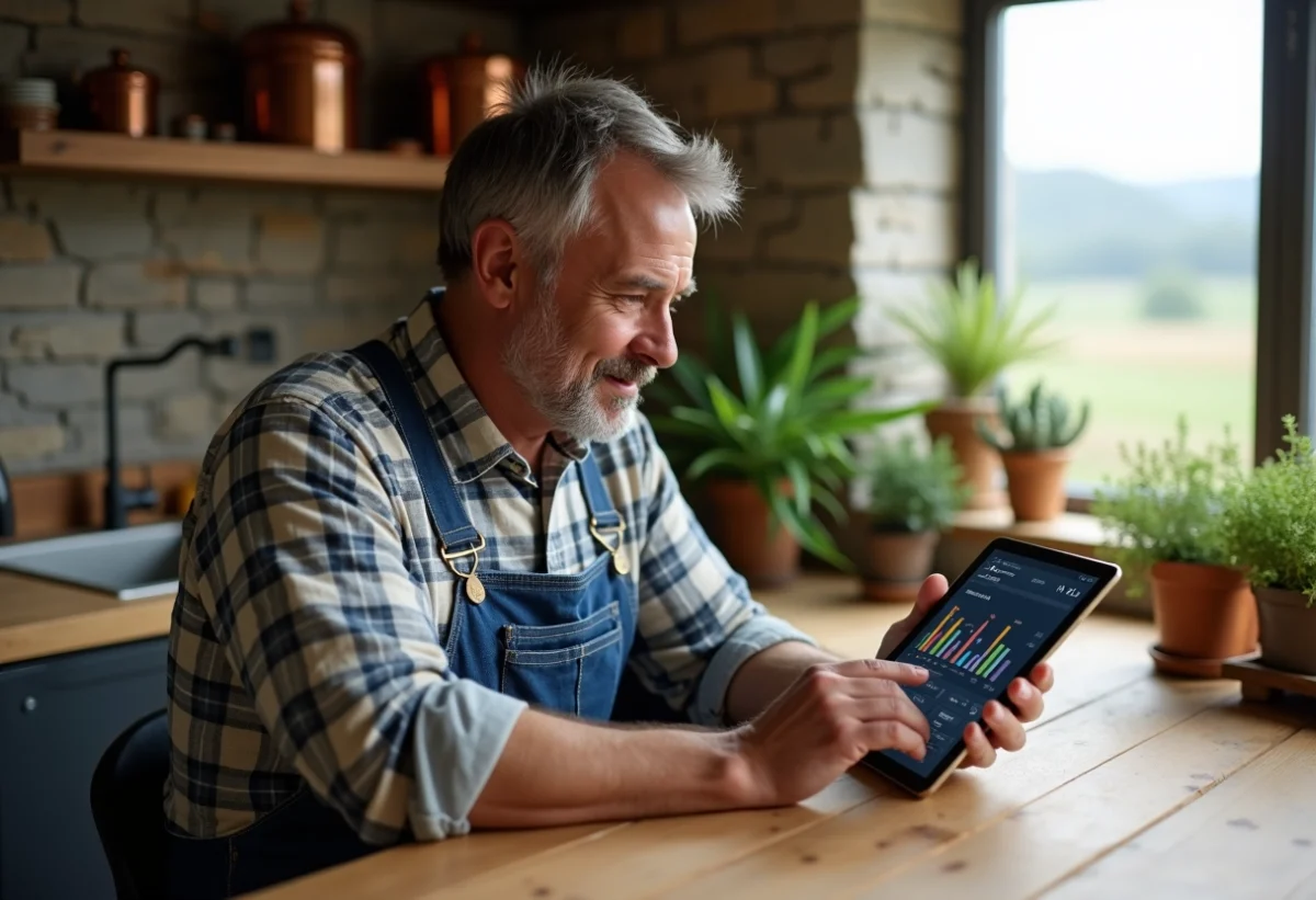 Fermeur en denim avec tablette dans cuisine moderne
