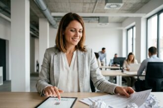 Femme d'affaires utilisant une tablette numérique pour remplacer les impressions papier dans un bureau moderne
