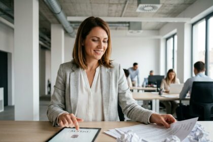 Femme d'affaires utilisant une tablette numérique pour remplacer les impressions papier dans un bureau moderne