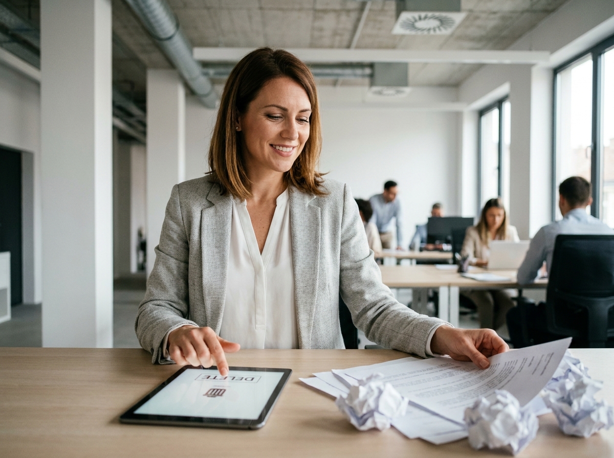 Femme d'affaires utilisant une tablette numérique pour remplacer les impressions papier dans un bureau moderne