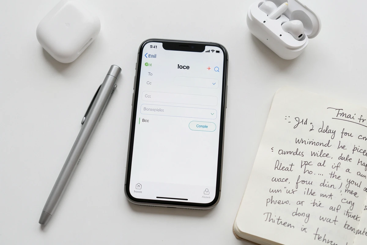 Vue de dessus d'un smartphone affichant les champs Cc et Cci dans une interface de messagerie mobile avec carnet de notes