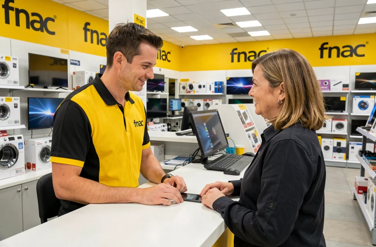 Technicien du service réparation Fnac à La Roche-sur-Yon conseillant une cliente au comptoir de la boutique