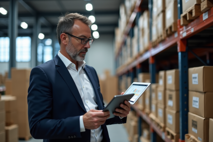 Manager logistique en costume examinant un tableau digital Portail Orange
