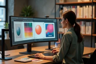 Graphiste femme comparant des épreuves couleur sur un grand écran 32 pouces dans un studio de design professionnel