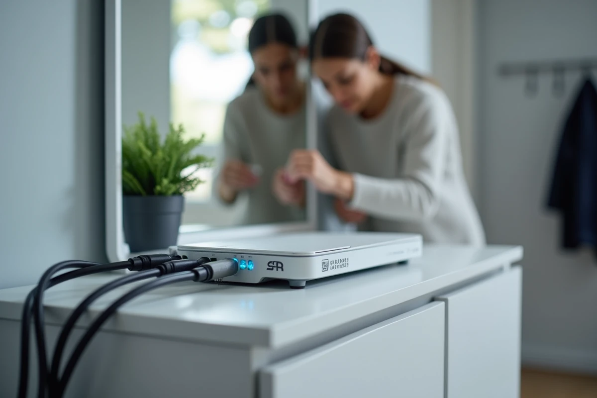 Gros plan sur la box SFR fibre avec câbles bien organisés dans une entrée moderne
