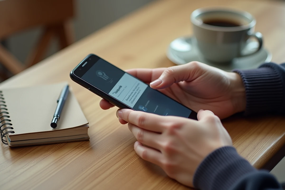 Gros plan de mains tenant un Samsung Galaxy avec l'interface de capture d'écran défilante visible à l'écran