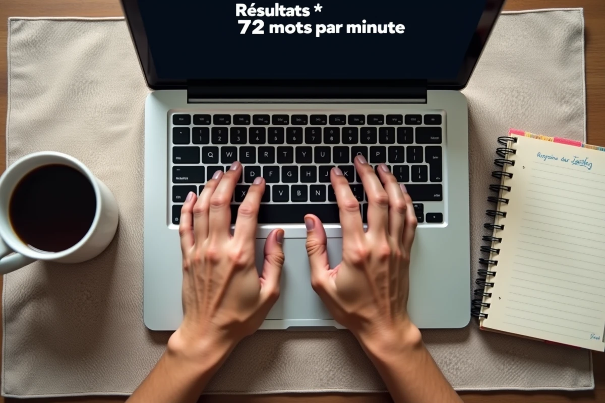 Gros plan de mains tapant rapidement sur un clavier d'ordinateur portable avec résultats de test de frappe visibles