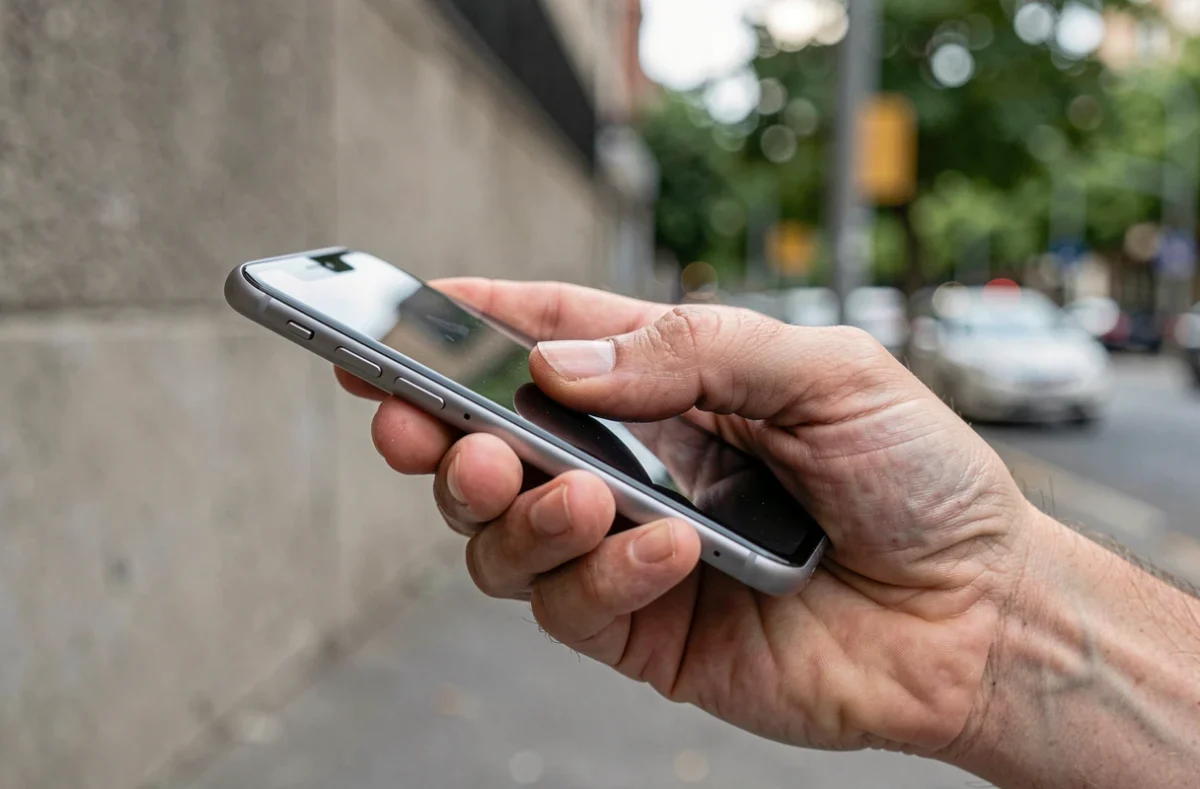 Gros plan d'une main tenant un Samsung S22 en prise en main à une main, en extérieur