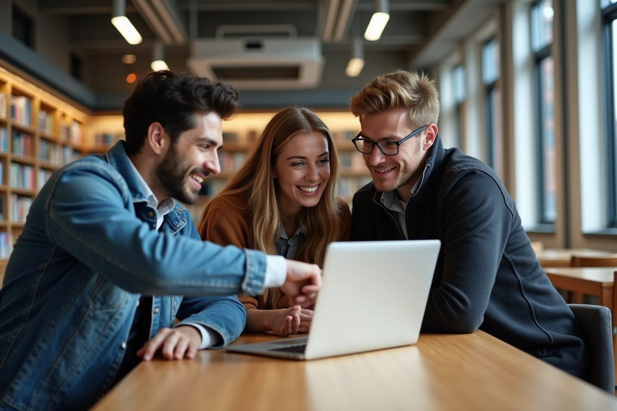Jeunes adultes discutant autour d un ordinateur dans une bibliothèque