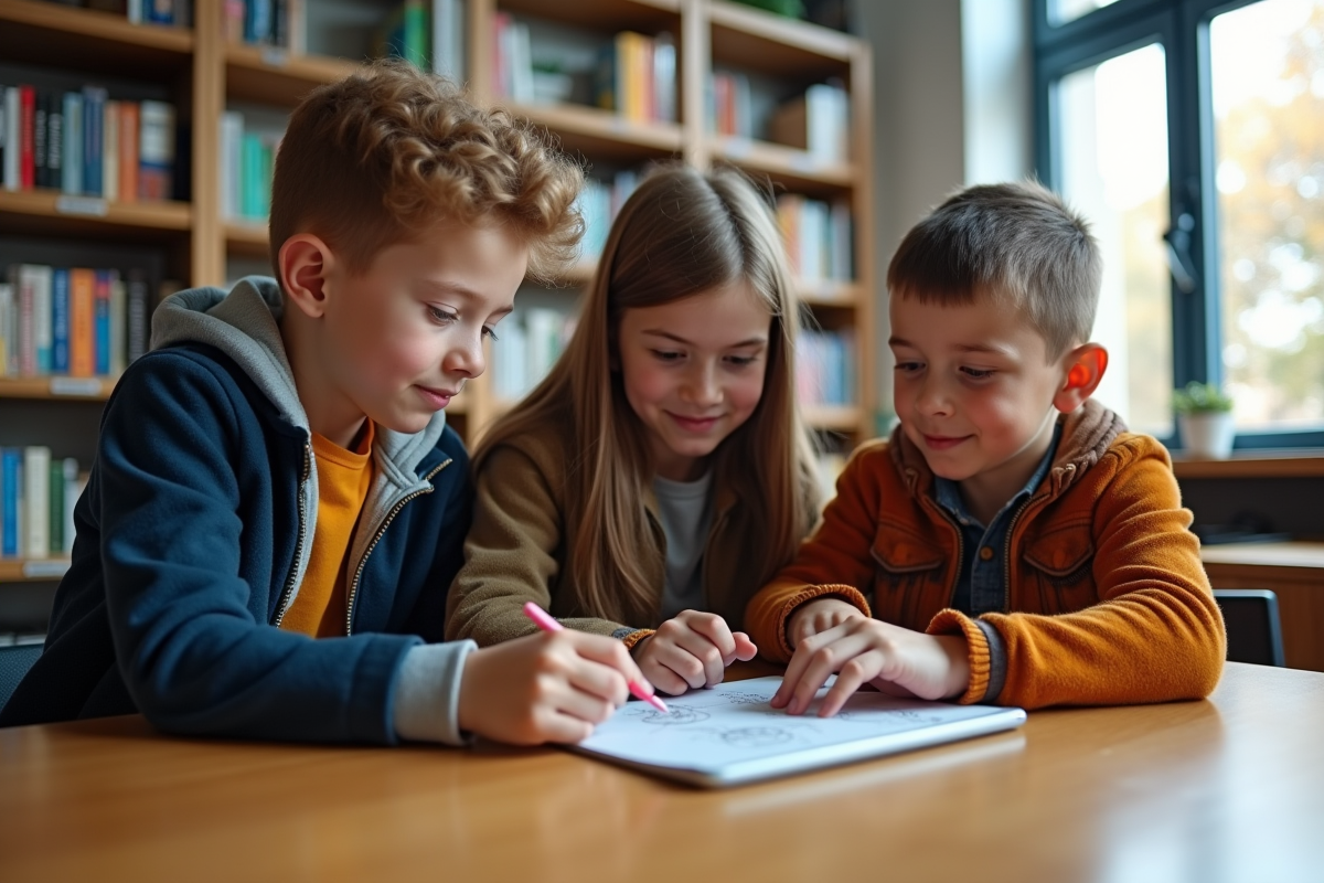 Trois élèves collaborant autour d