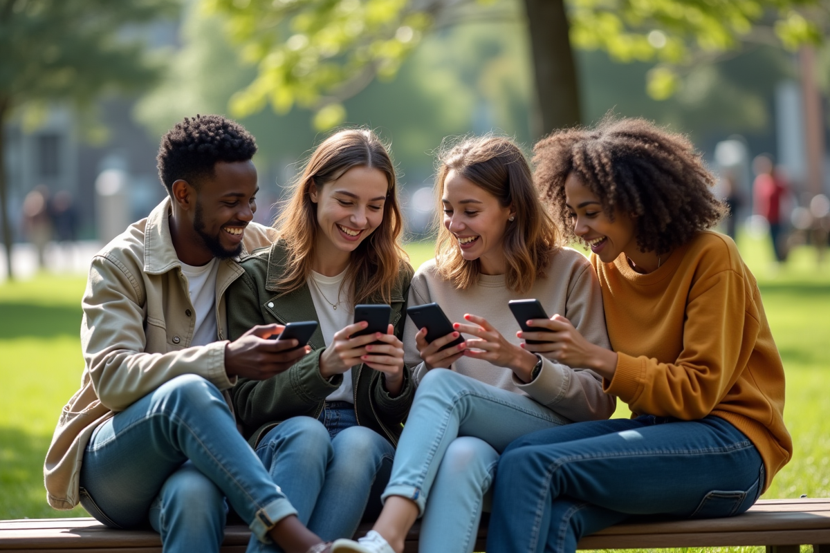 Groupe d amis jeunes assis sur un banc de parc urbain