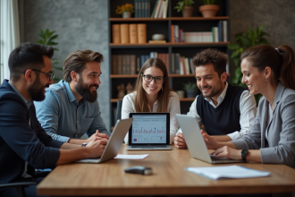 Groupe de professionnels en réunion autour de données marketing