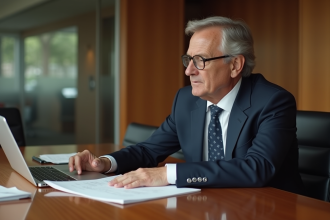 Homme d'affaires en costume dans un bureau vintage des années 70