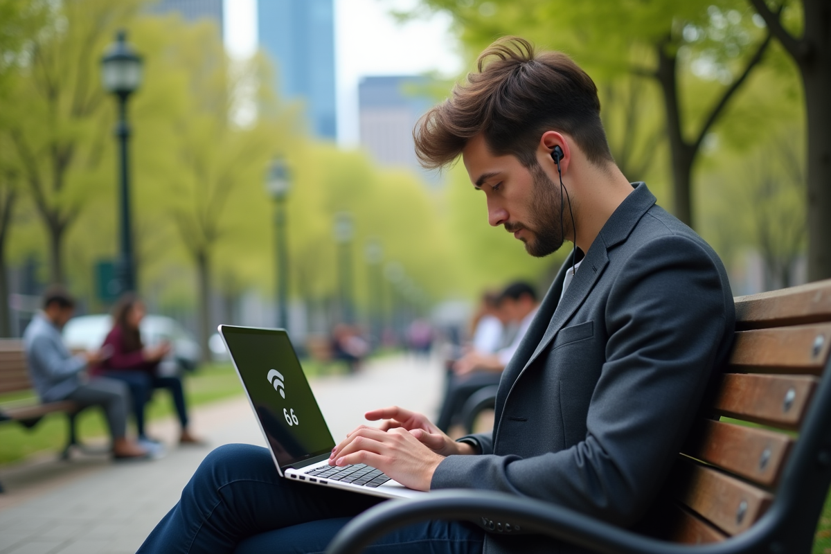 Jeune homme en blazer avec WiFi 6 sur un banc de parc urbain