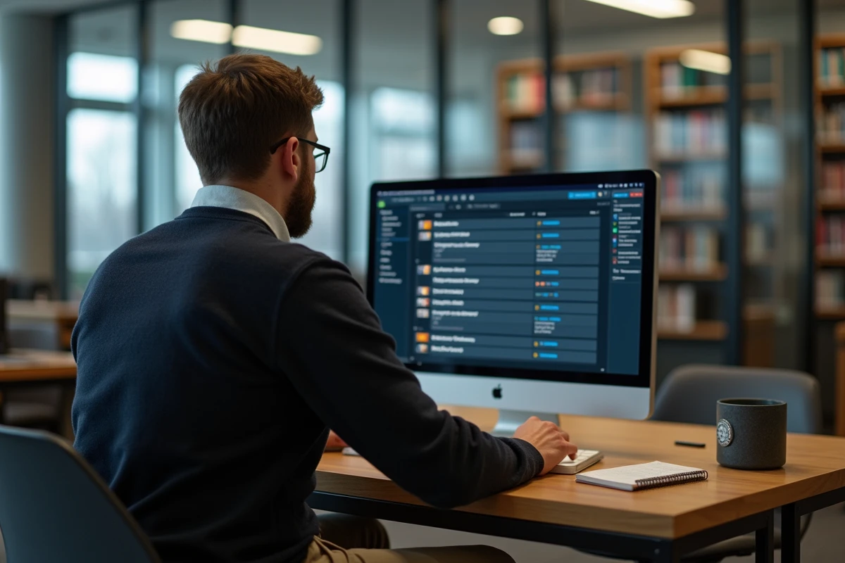 Homme lisant des options de format video à la bibliothèque