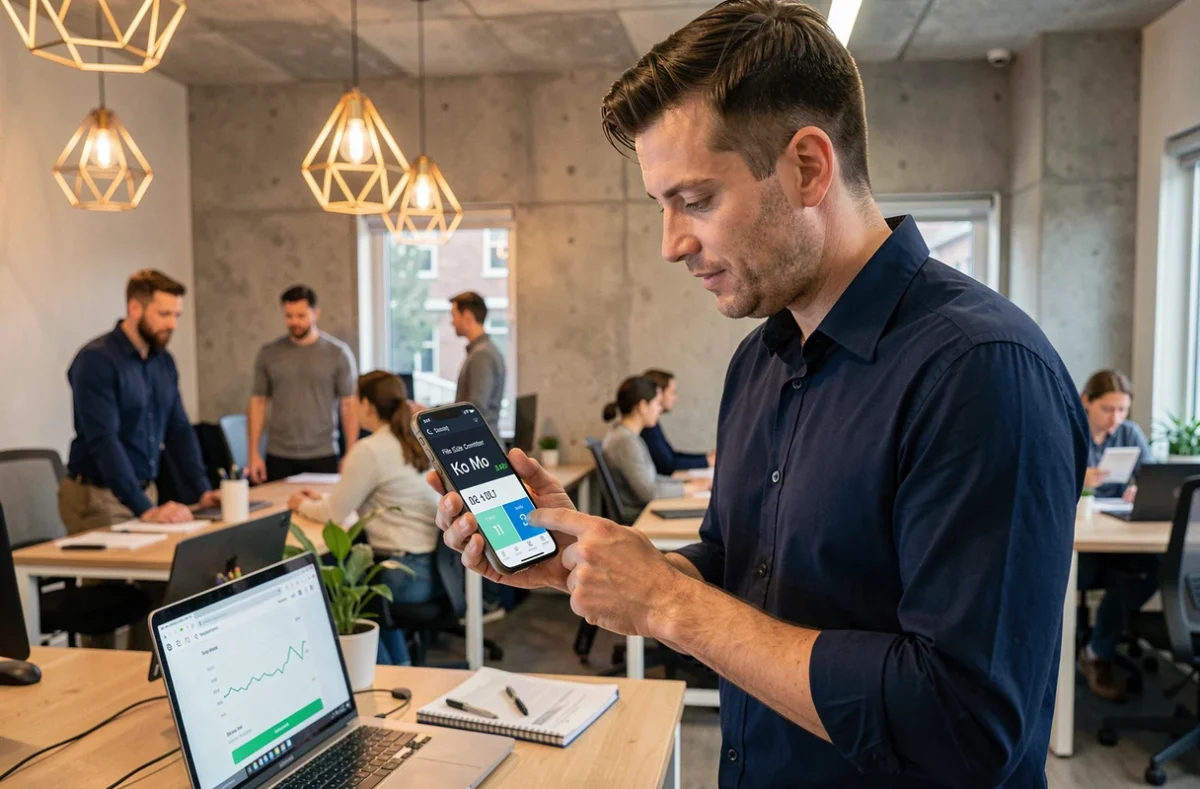 Homme en bureau moderne consultant un convertisseur de Ko en Mo sur son smartphone debout à son bureau
