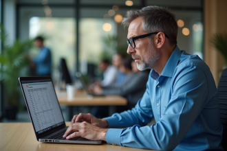 Homme d'âge moyen au bureau perplexe devant un ordinateur
