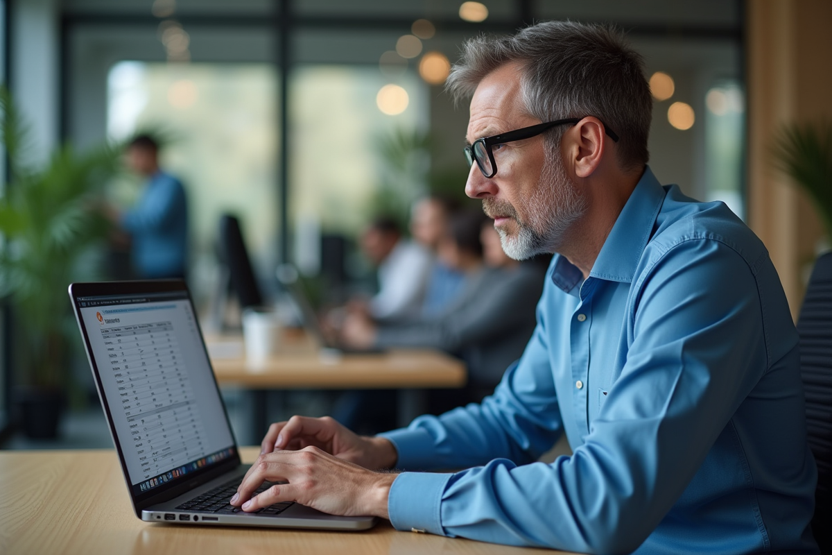 Homme d'âge moyen au bureau perplexe devant un ordinateur