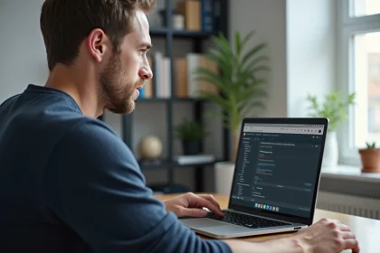 Homme en sweater bleu utilisant son ordinateur dans un appartement moderne