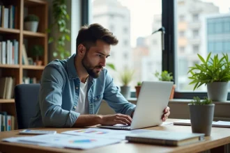 Homme concentré travaillant sur son ordinateur dans un bureau moderne