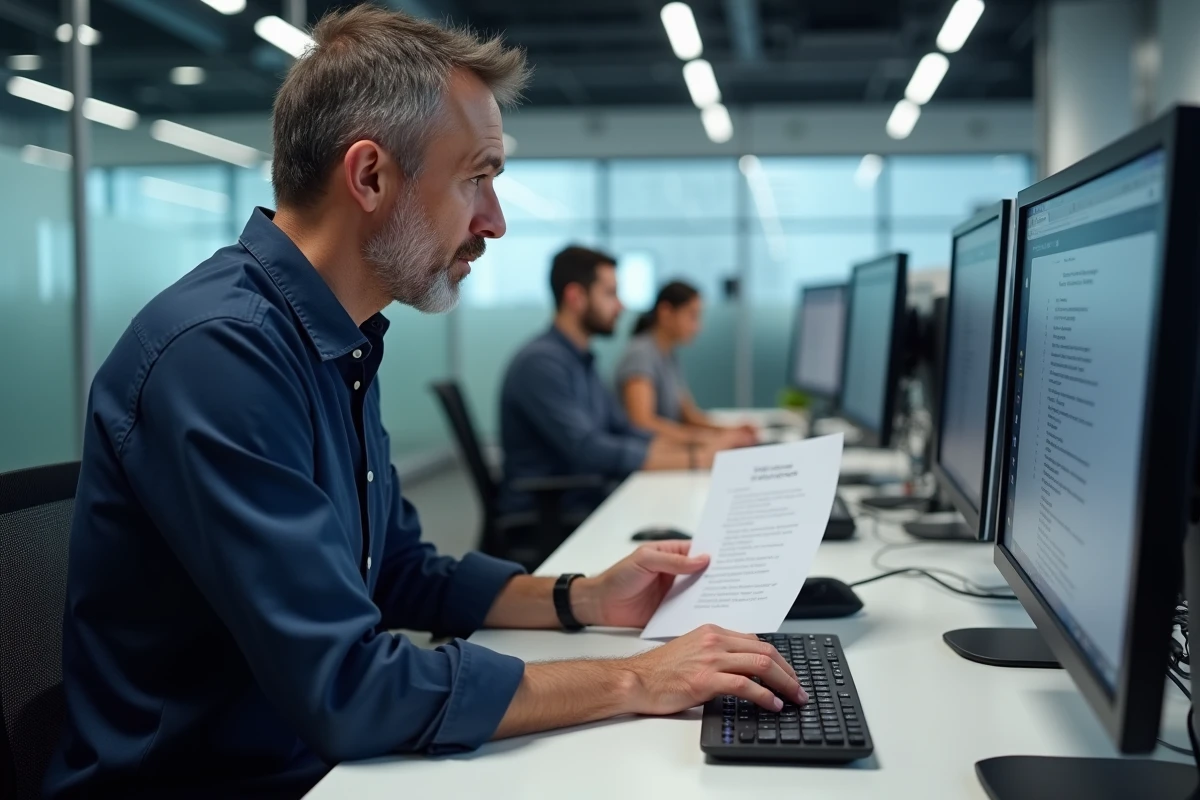 Homme en bureau open-space mesurant sa vitesse de frappe sur un test en ligne