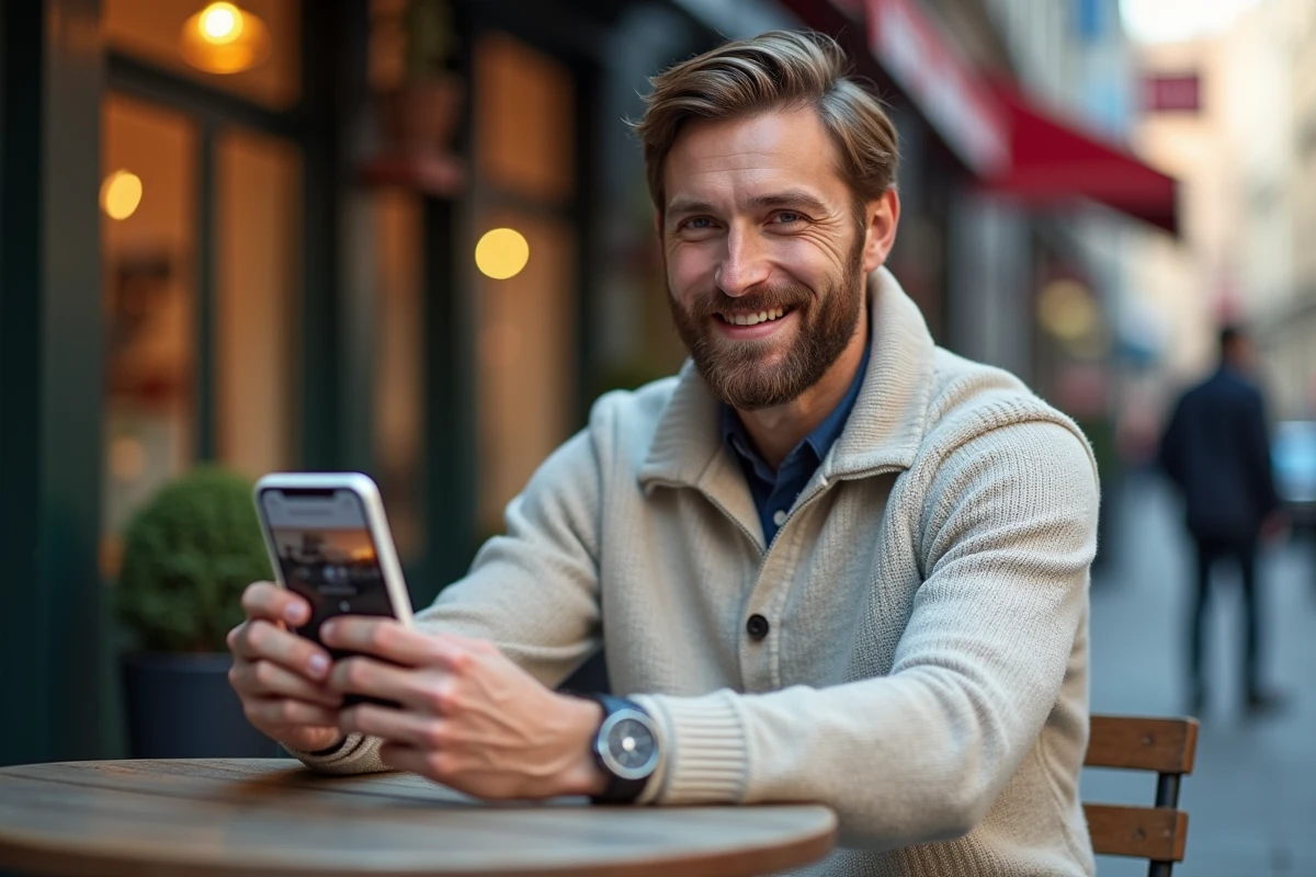 Homme avec smartphone montrant l upload de GIF en extérieur