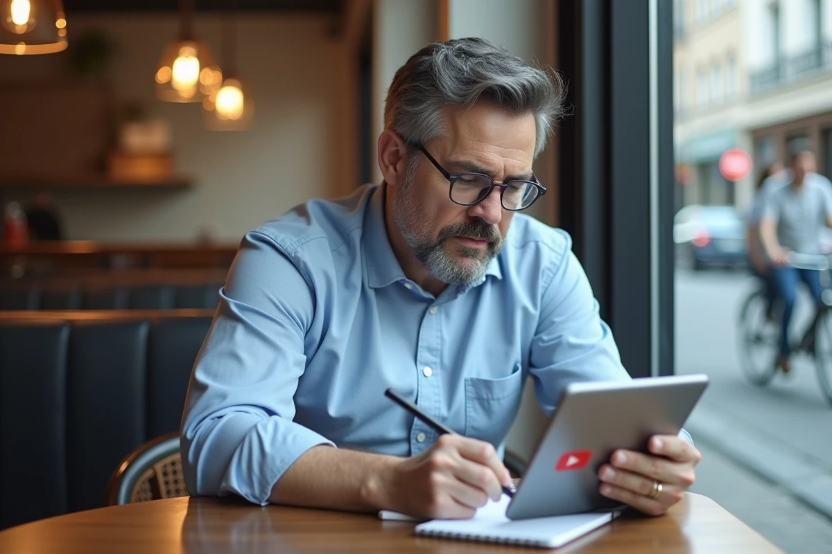Homme au café utilisant une tablette avec logo YouTube