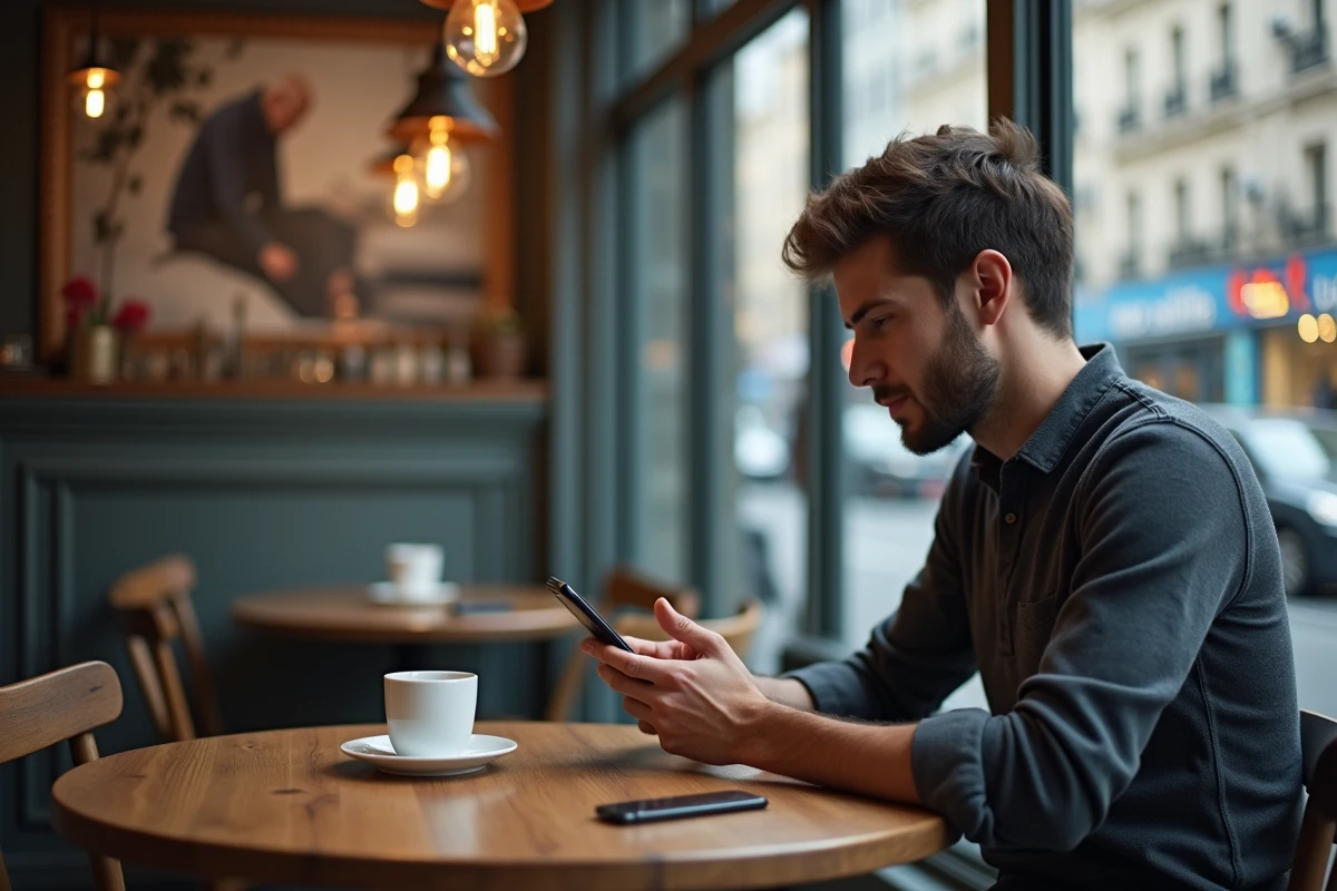 Homme en café urbain téléchargeant une vidéo sur son smartphone